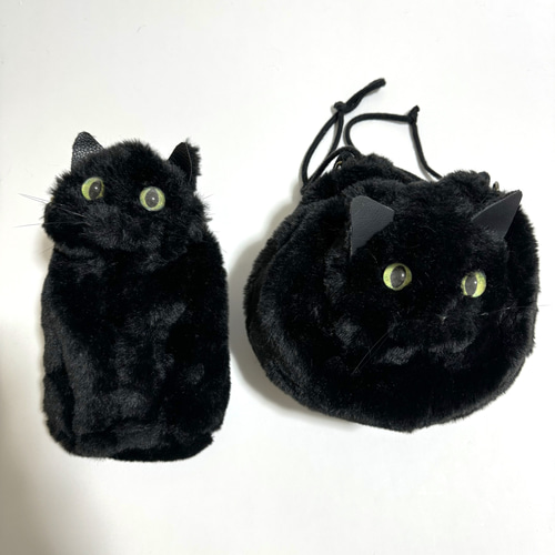 ぬいぐるみみたいな 黒猫さん巾着ポシェット スマホポシェット