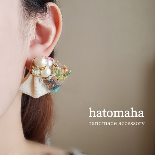 1041*インド刺繍リボン×リネン/オフホワイト*ボリュームパールビジュー 