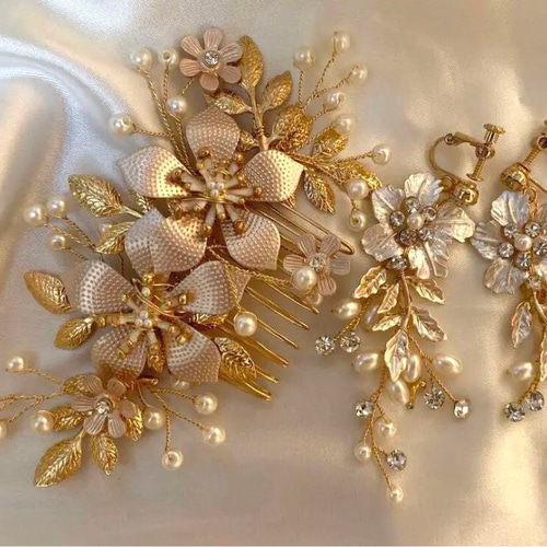 ヘッドドレス&イヤリング2点セット 花ゴールドウェディング 結婚式