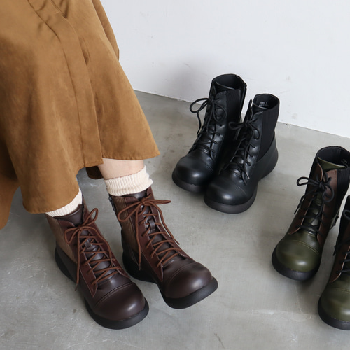 ころんとかわいいブーツ】 編み上げミックスブーツ 72343 厚底 甲高