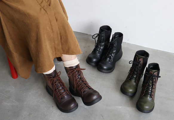 ころんとかわいいブーツ】 編み上げミックスブーツ 72343 厚底 甲高