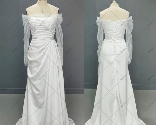 オフショルダー スレンダーライン 袖付きウェディングドレス 605