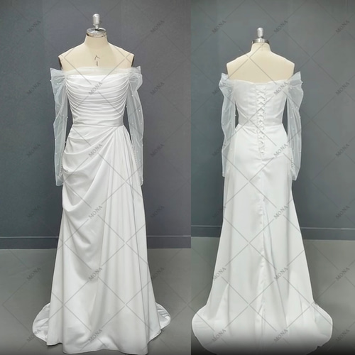 オフショルダー スレンダーライン 袖付きウェディングドレス 605