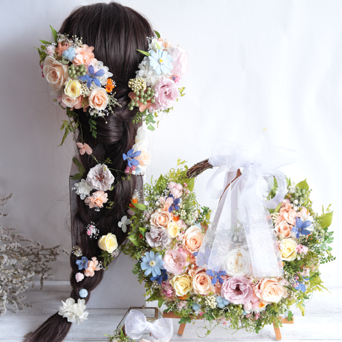 バラと野花のナチュラルグリーンのヘッドドレス＊プリザーブド