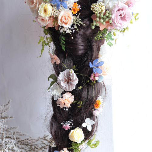 バラと野花のナチュラルグリーンのヘッドドレス＊プリザーブド・ドライ