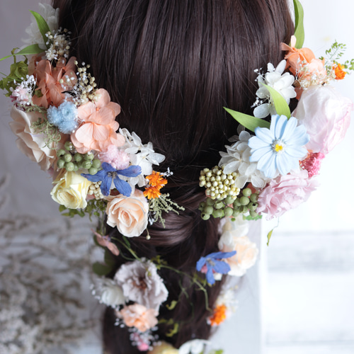 バラと野花のナチュラルグリーンのヘッドドレス＊プリザーブド・ドライ