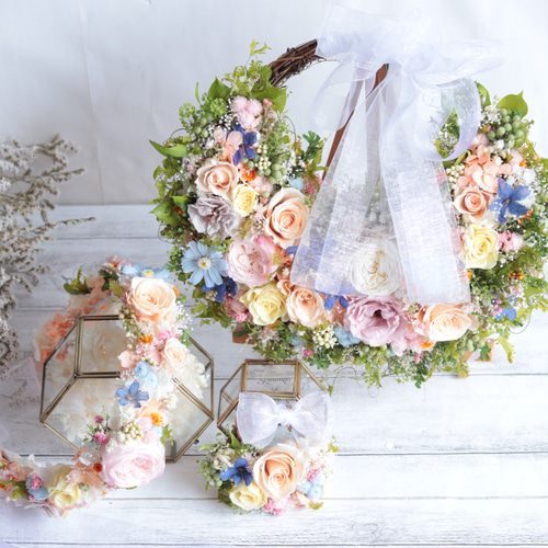 バラと野花のナチュラルグリーンのヘッドドレス＊プリザーブド・ドライ