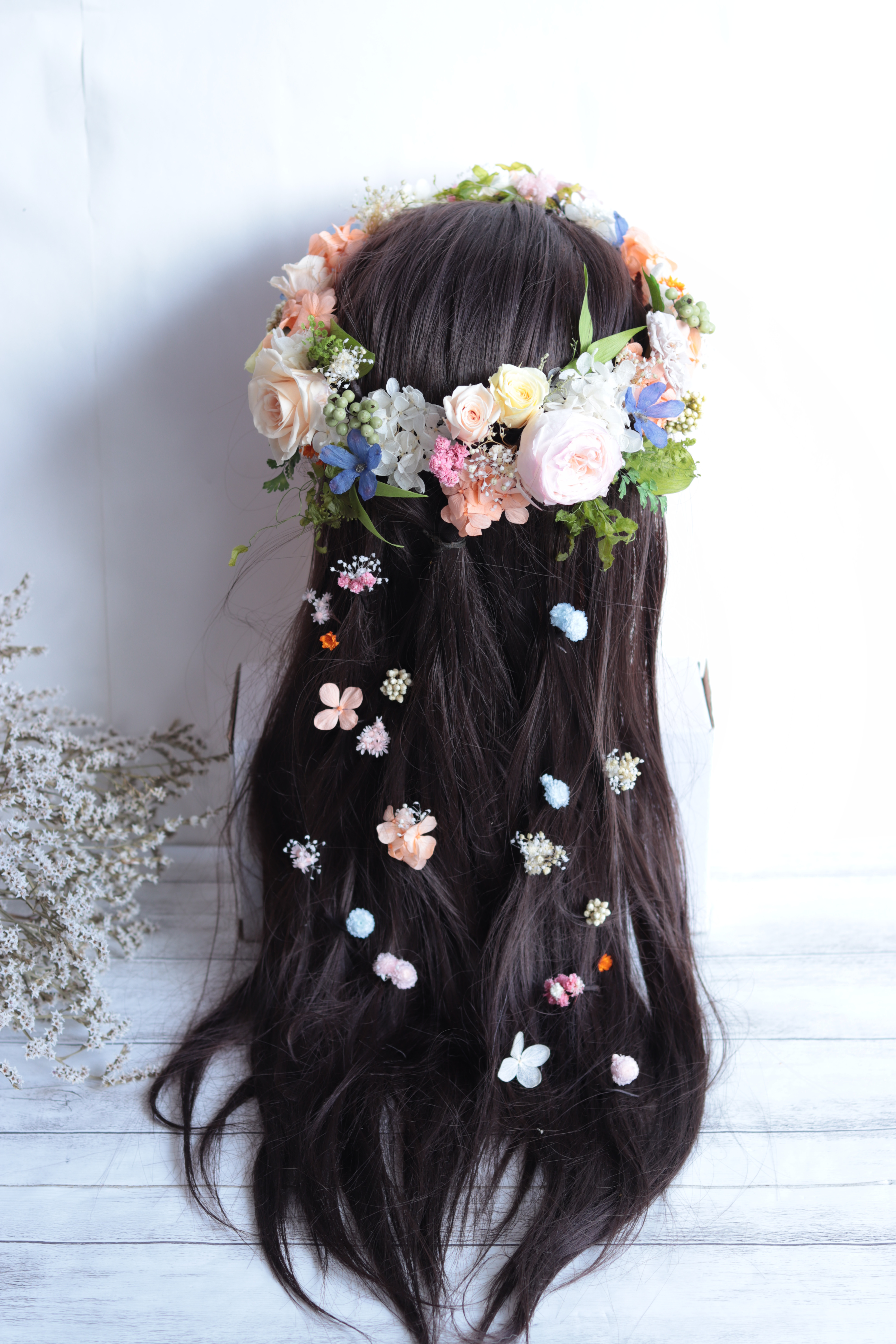 【花冠＆ヘッドドレスの2way仕様】バラと野花のナチュラルグリーンのヘッドドレス＊プリザーブド・ドライフラワー