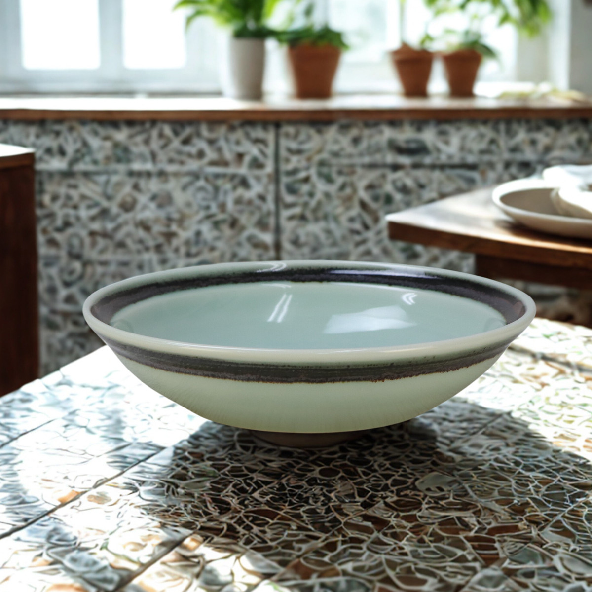 宮城陶器　青磁釉　高台付皿 宮城陶器 青磁釉 高台付皿