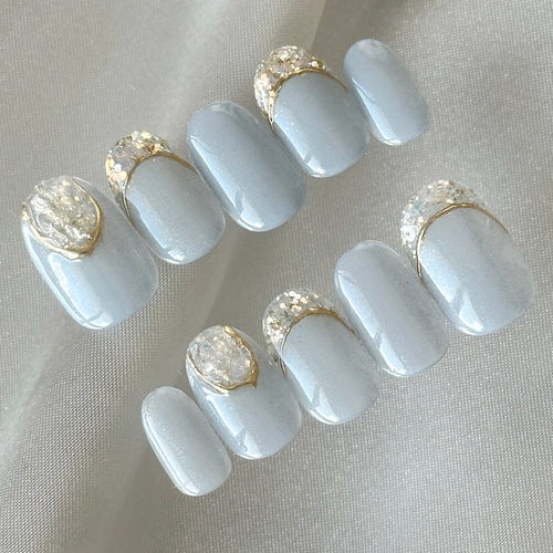 シンデレラブルー ネイルチップ ブライダルネイル 成人式ネイル くすみ  