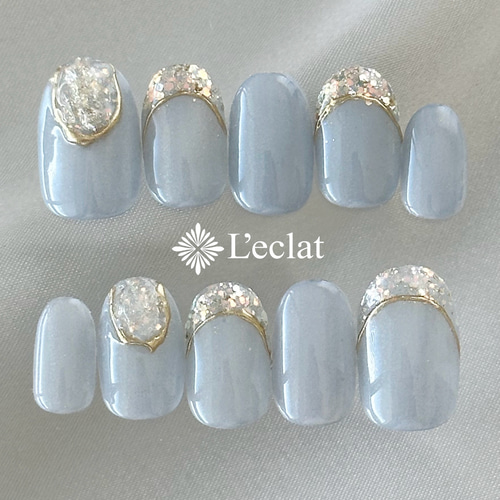 シンデレラブルー ネイルチップ ブライダルネイル 成人式ネイル くすみ  