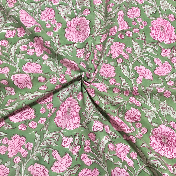 50cm単位】グリーンピンクランダムフラワー インド ハンドブロック