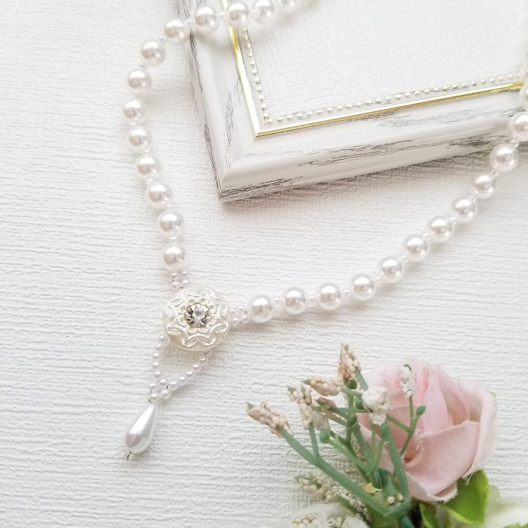 チェコガラスボタンとパールのネックレス　cn24529 結婚式　フォーマル