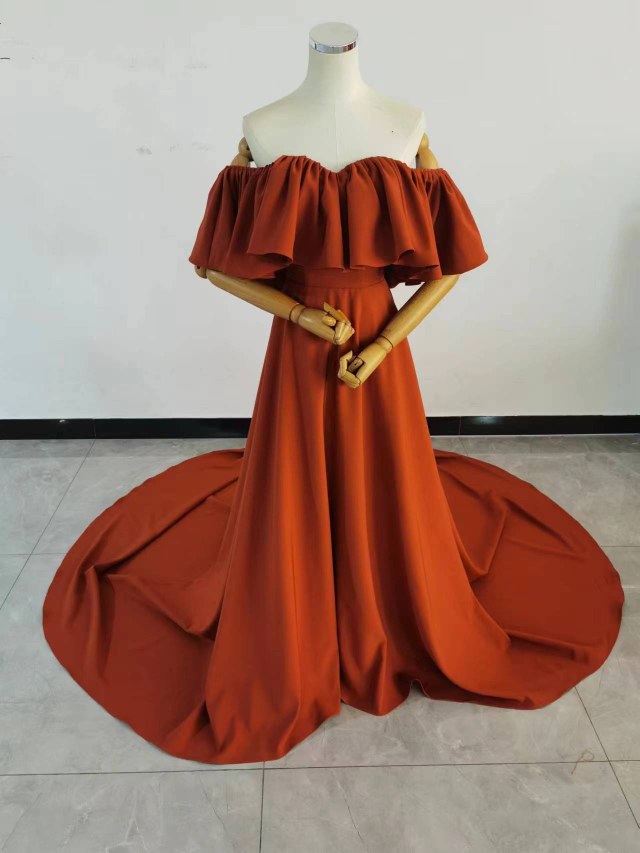 人気上昇！カラードレス テラコッタ色 オフショルダー ロングトレーン 編み上げ 花嫁 2次会