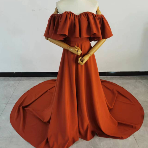 人気上昇！カラードレス テラコッタ色 オフショルダー ロングトレーン  