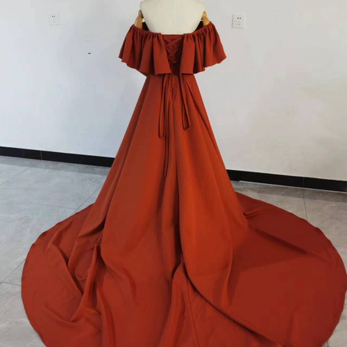 人気上昇！カラードレス テラコッタ色 オフショルダー ロングトレーン  