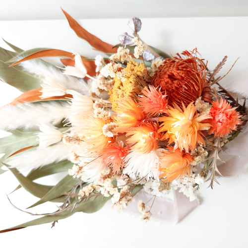 オレンジ✕ブラウンのブーケ&スワッグ 白/オレンジ ドライフラワー