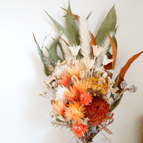 オレンジ✕ブラウンのブーケ&スワッグ 白/オレンジ ドライフラワー