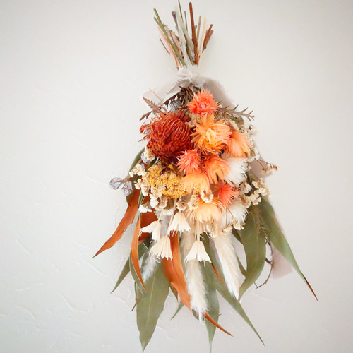 オレンジ✕ブラウンのブーケ&スワッグ 白/オレンジ ドライフラワー