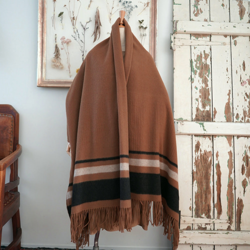○モカブラウン○ 超大判ブランケットストール フリンジ付き ウール