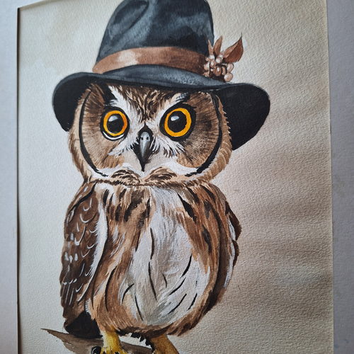 水彩画 おしゃれなふくろうおじさん 絵画 makochin 通販 18269622