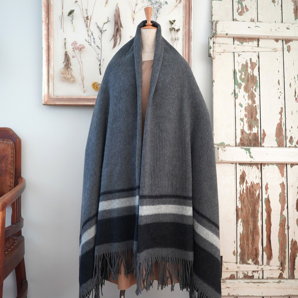 ○ミドルグレー○ 超大判ブランケットストール フリンジ付き ウール