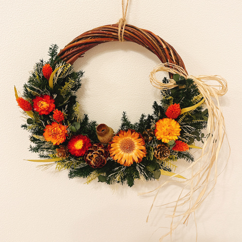 ◇初夏のリース◇ハーフリース◇プレゼント 秋色 ハーフリース 中央から上 木の実のリース 茶系 暖色 プリザーブド