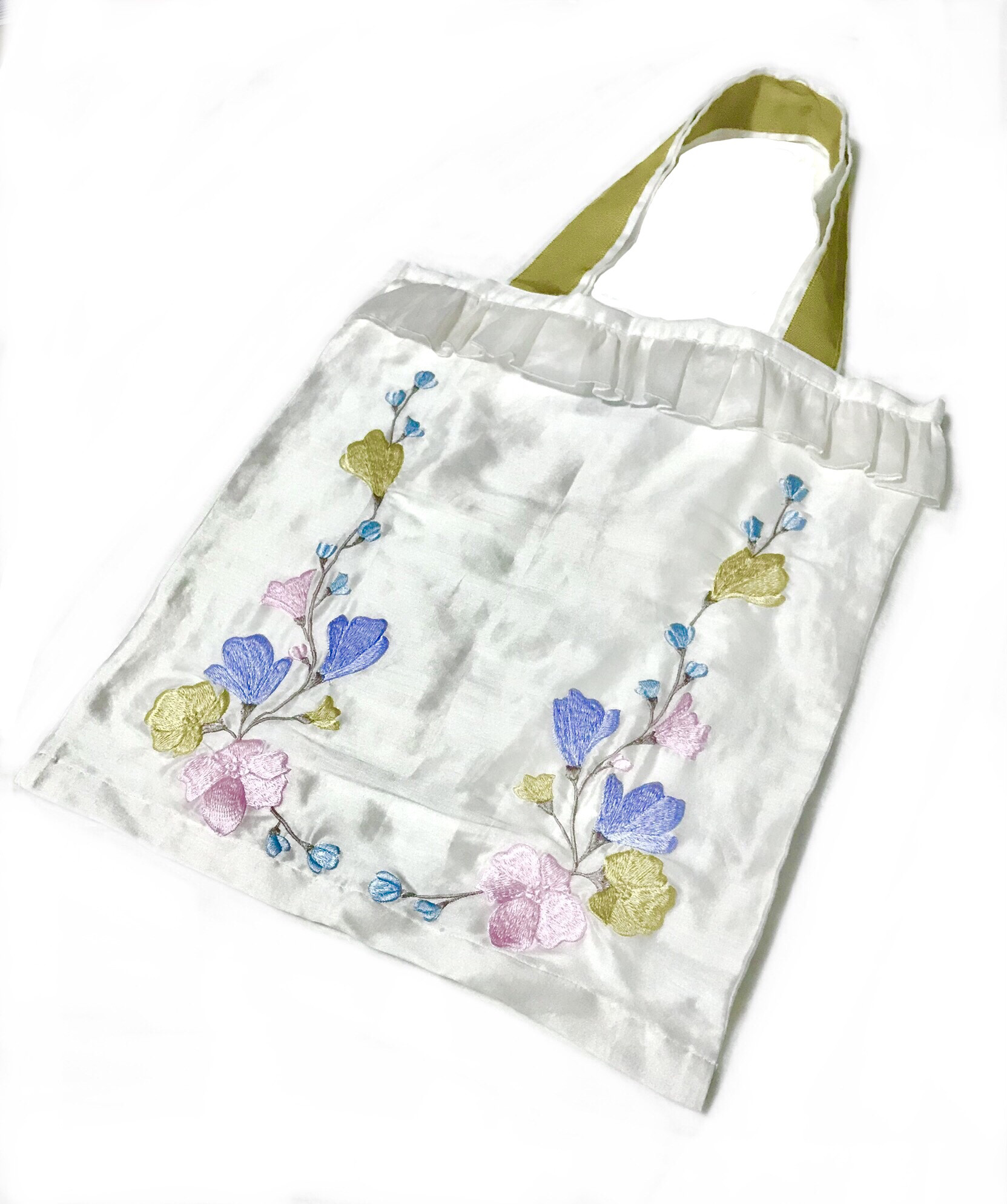 伝統工芸横振り刺繍 大判刺繍花 パステルカラー 花柄 トートバッグ スクエアバッグ 布バッグ ショルダーバッグ イエロー