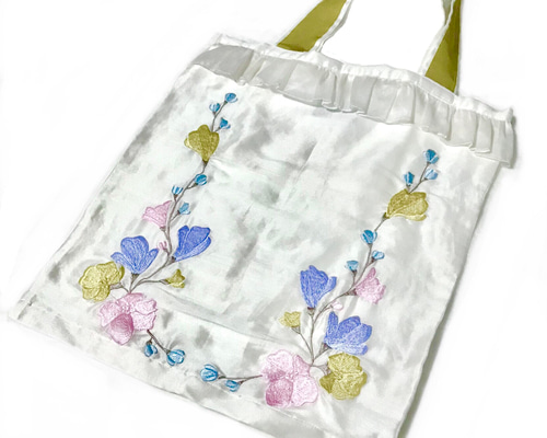 伝統工芸横振り刺繍 大判刺繍花 パステルカラー 花柄 トートバッグ