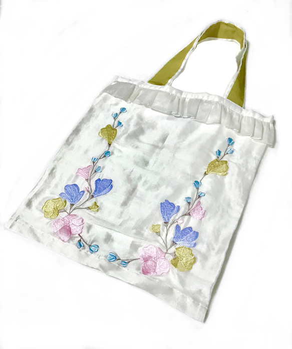 伝統工芸横振り刺繍 大判刺繍花 パステルカラー 花柄 トートバッグ