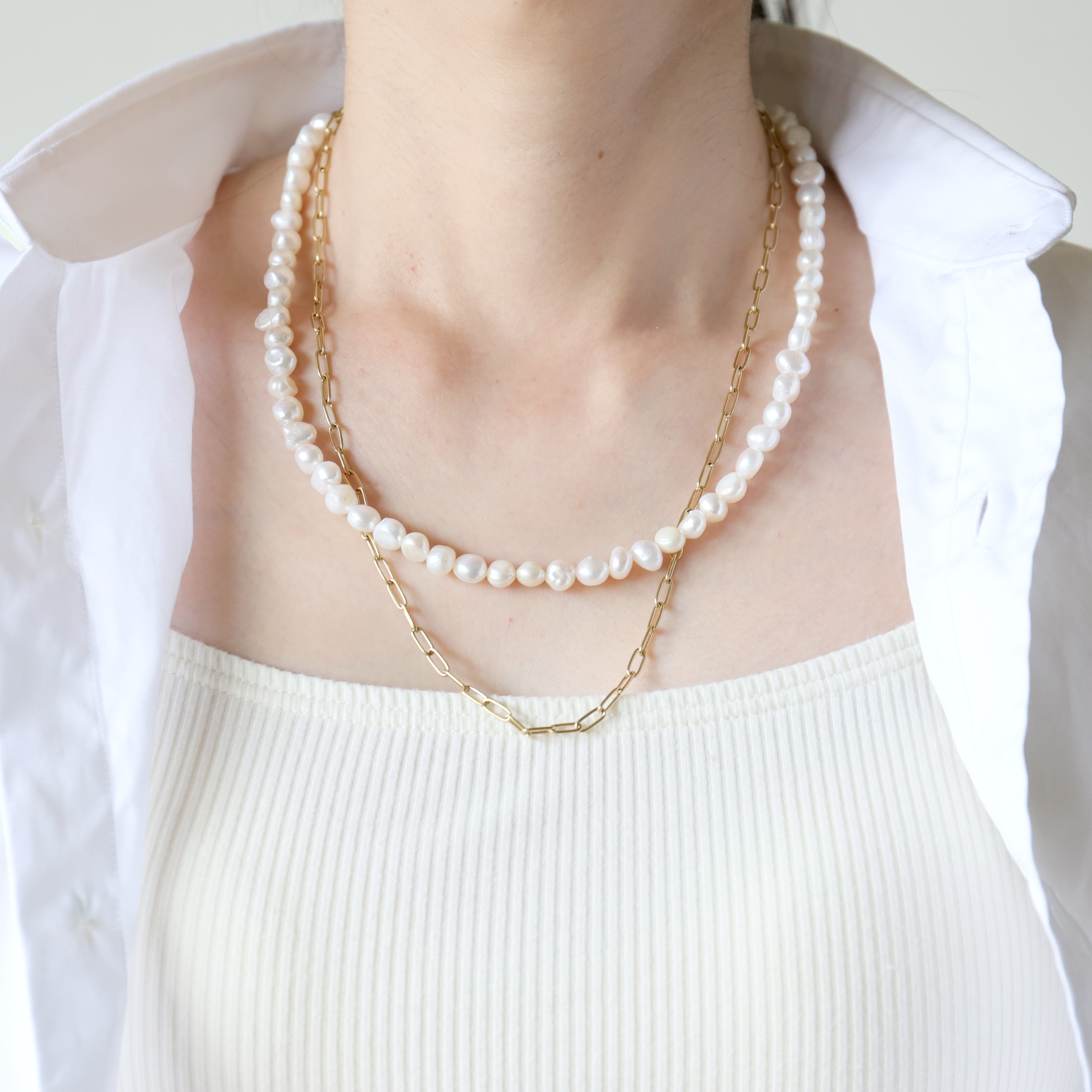 付けっぱなしOK！サージカルステンレス製　淡水パールフルネックレス(3色)+チェーンネックレス２点セット(#1179)