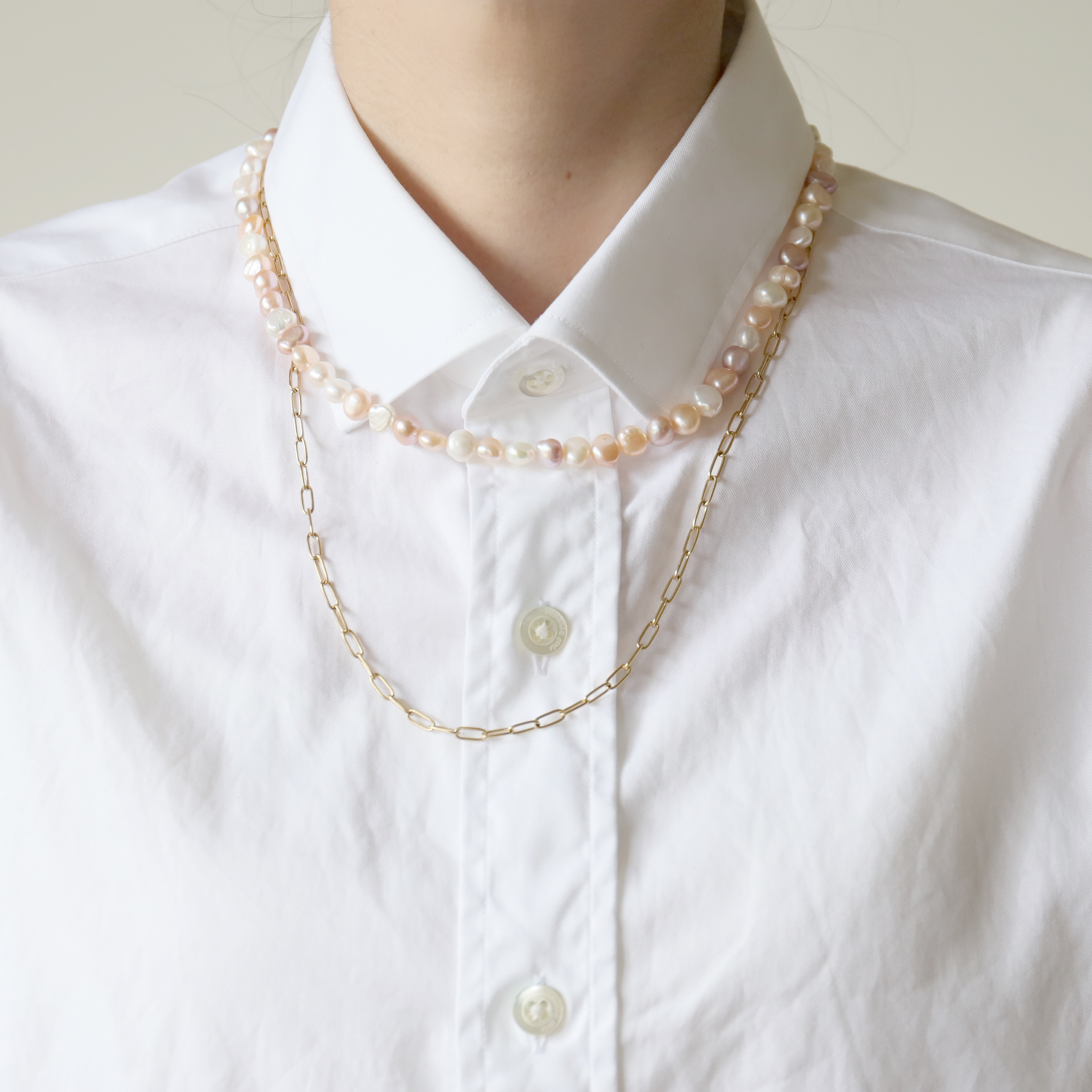 付けっぱなしOK！サージカルステンレス製　淡水パールフルネックレス(3色)+チェーンネックレス２点セット(#1179)