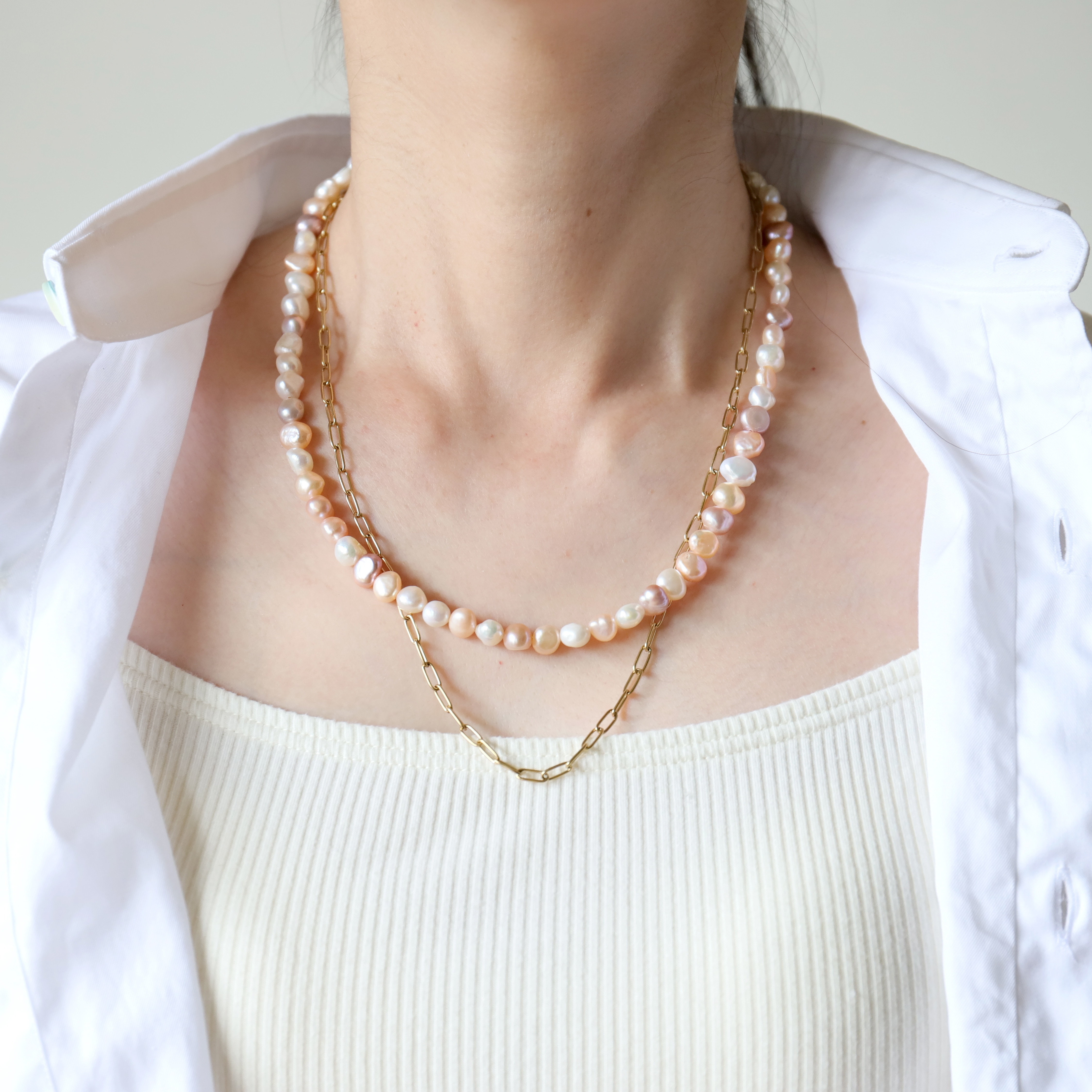 付けっぱなしOK！サージカルステンレス製　淡水パールフルネックレス(3色)+チェーンネックレス２点セット(#1179)