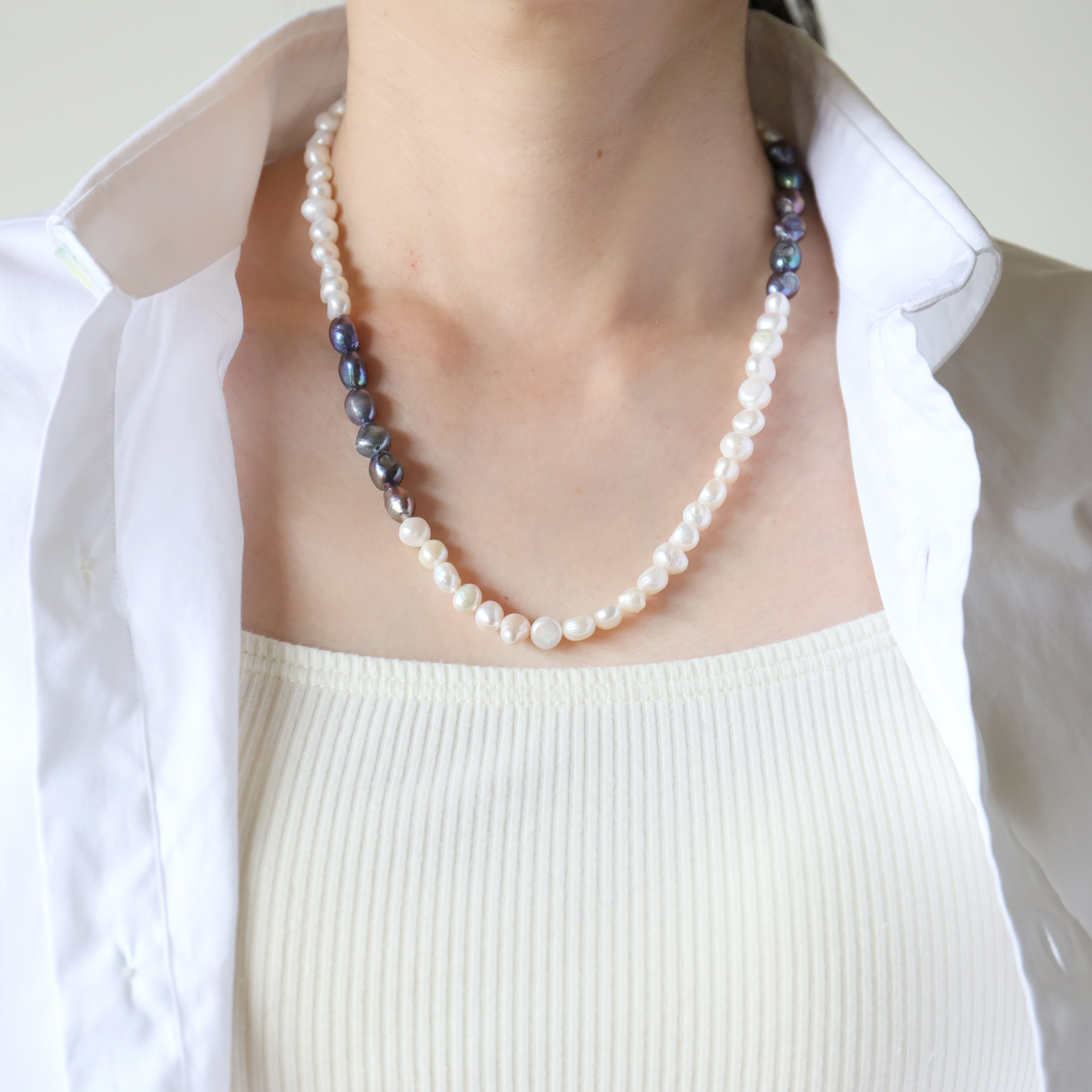 付けっぱなしOK！サージカルステンレス製　淡水パールフルネックレス(3色)+チェーンネックレス２点セット(#1179)