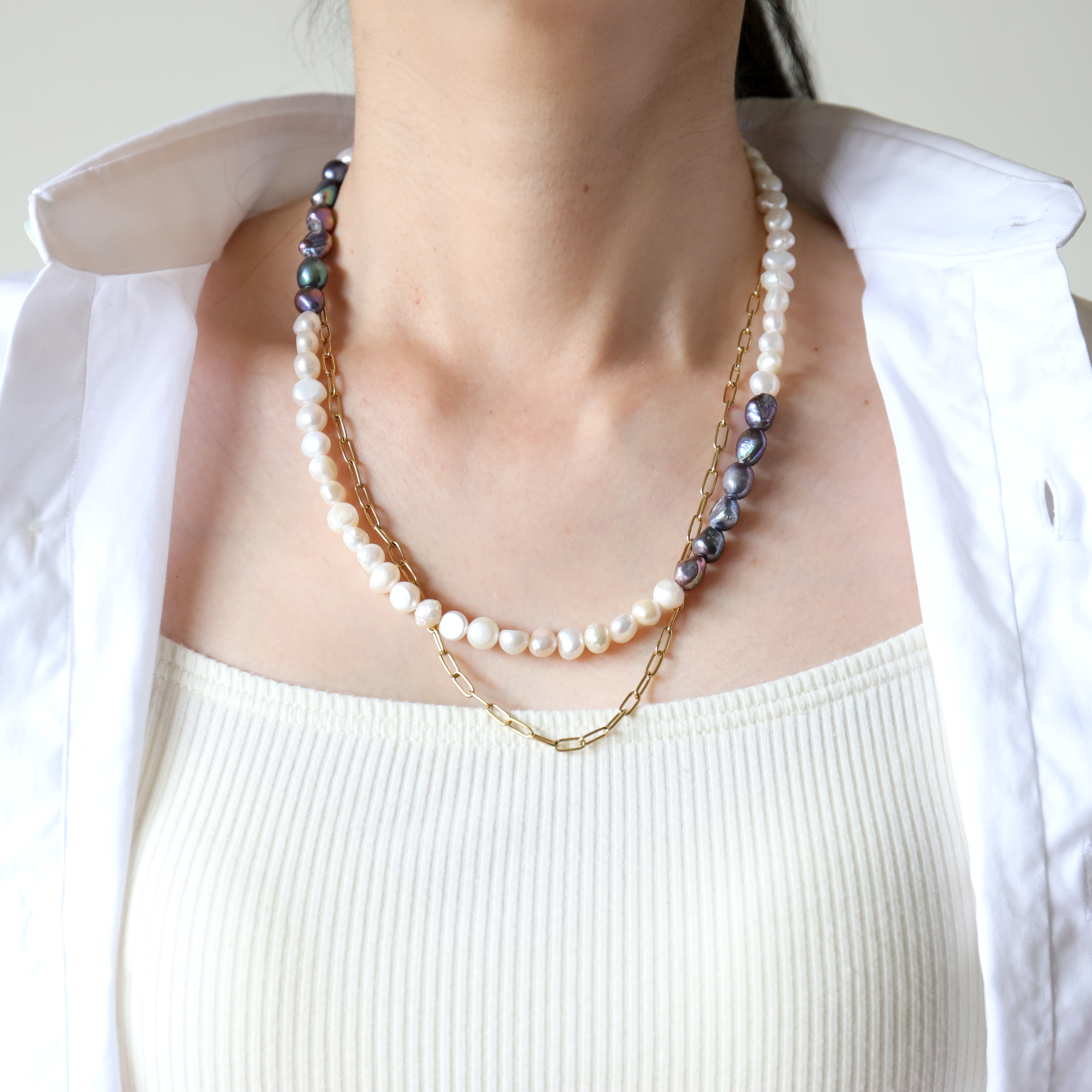 付けっぱなしOK！サージカルステンレス製　淡水パールフルネックレス(3色)+チェーンネックレス２点セット(#1179)