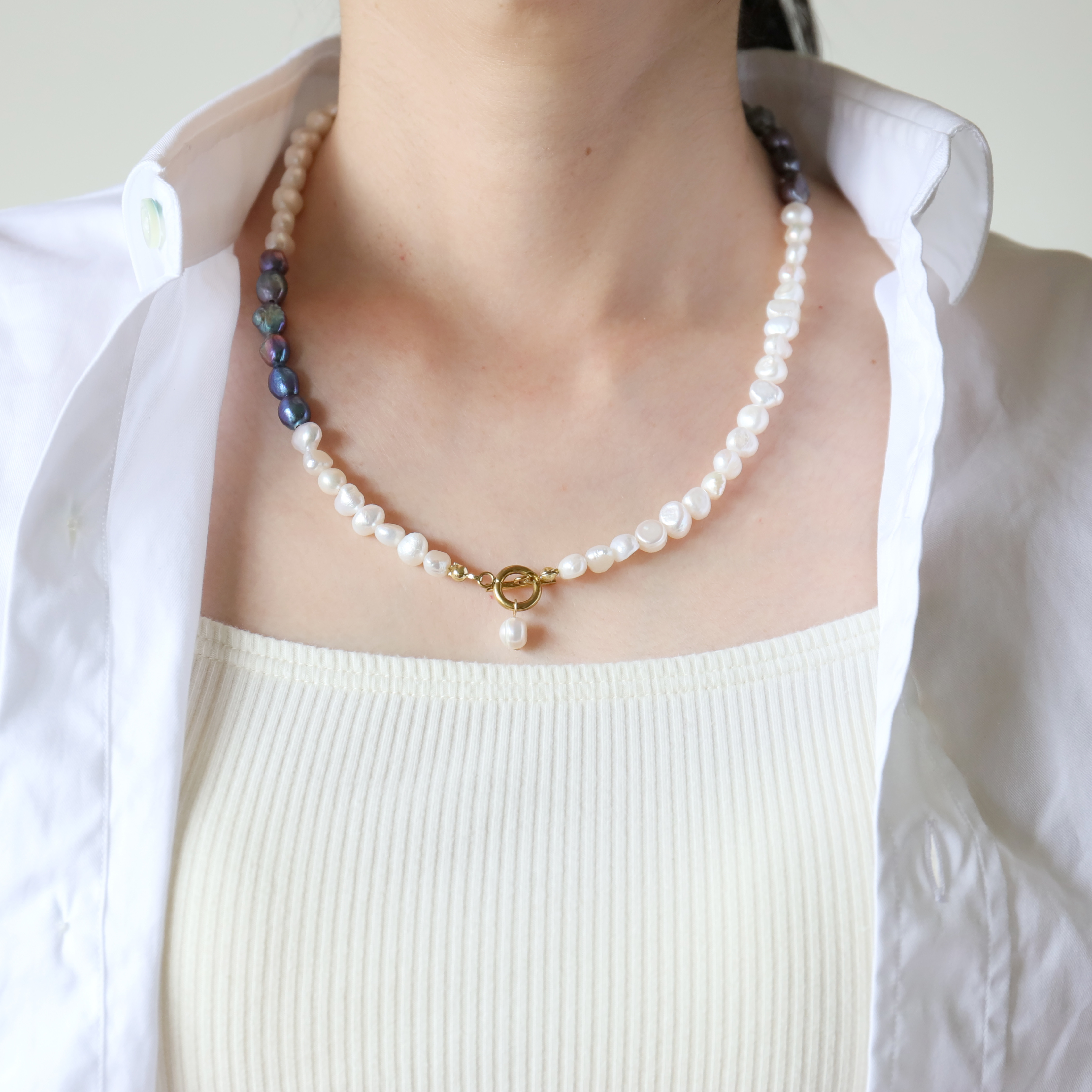 付けっぱなしOK！サージカルステンレス製　淡水パールフルネックレス(3色)+チェーンネックレス２点セット(#1179)