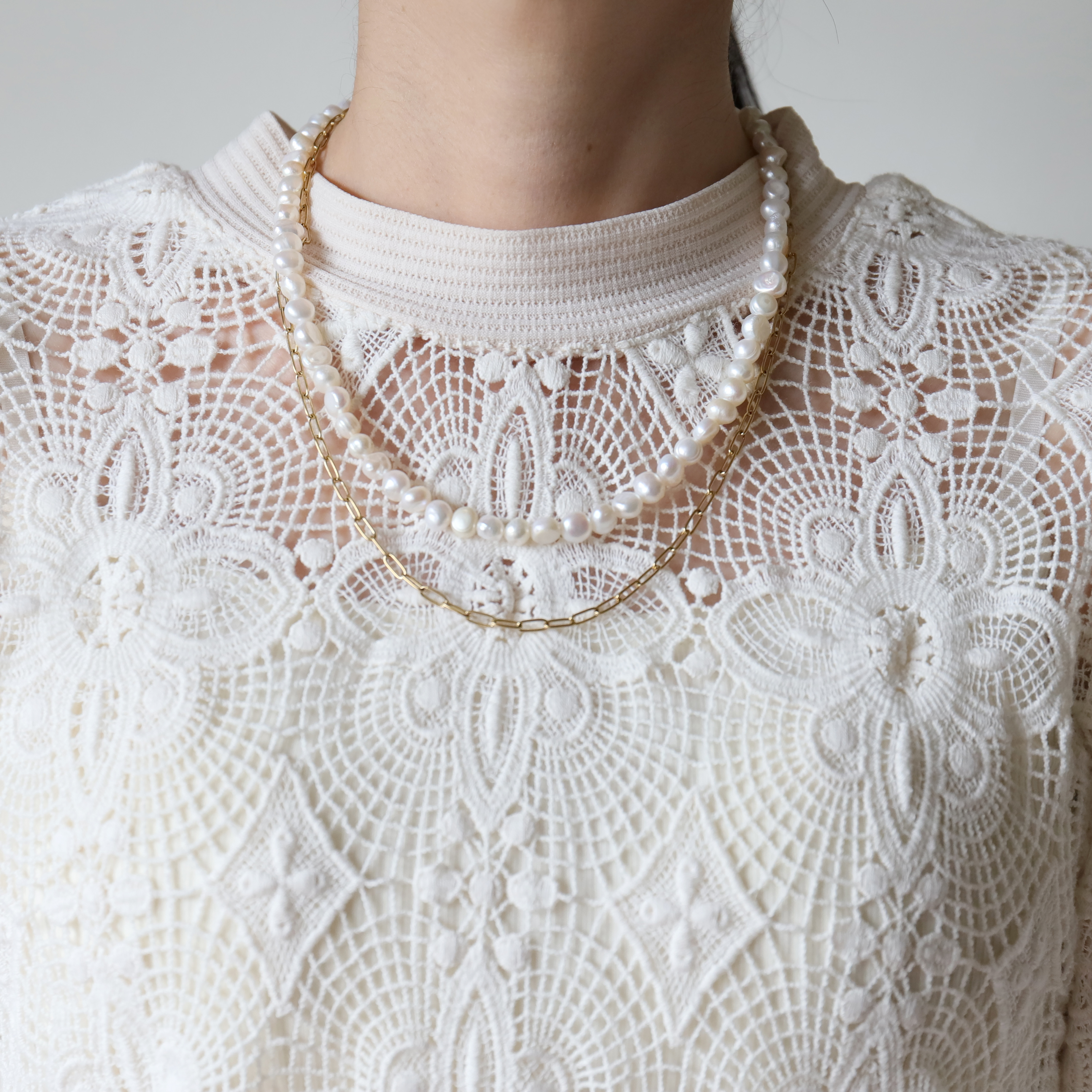 付けっぱなしOK！サージカルステンレス製　淡水パールフルネックレス(3色)+チェーンネックレス２点セット(#1179)