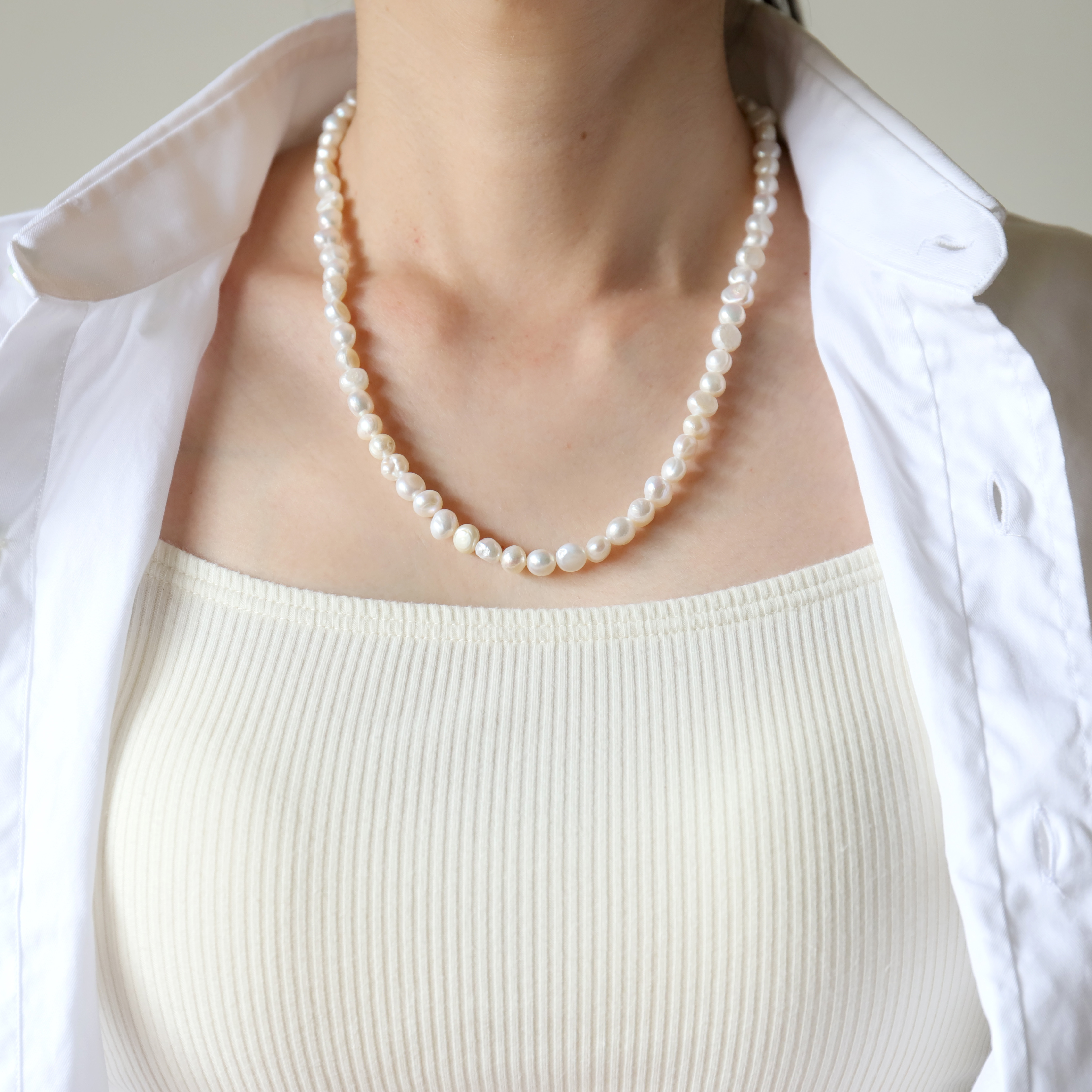 付けっぱなしOK！サージカルステンレス製　淡水パールフルネックレス(3色)+チェーンネックレス２点セット(#1179)