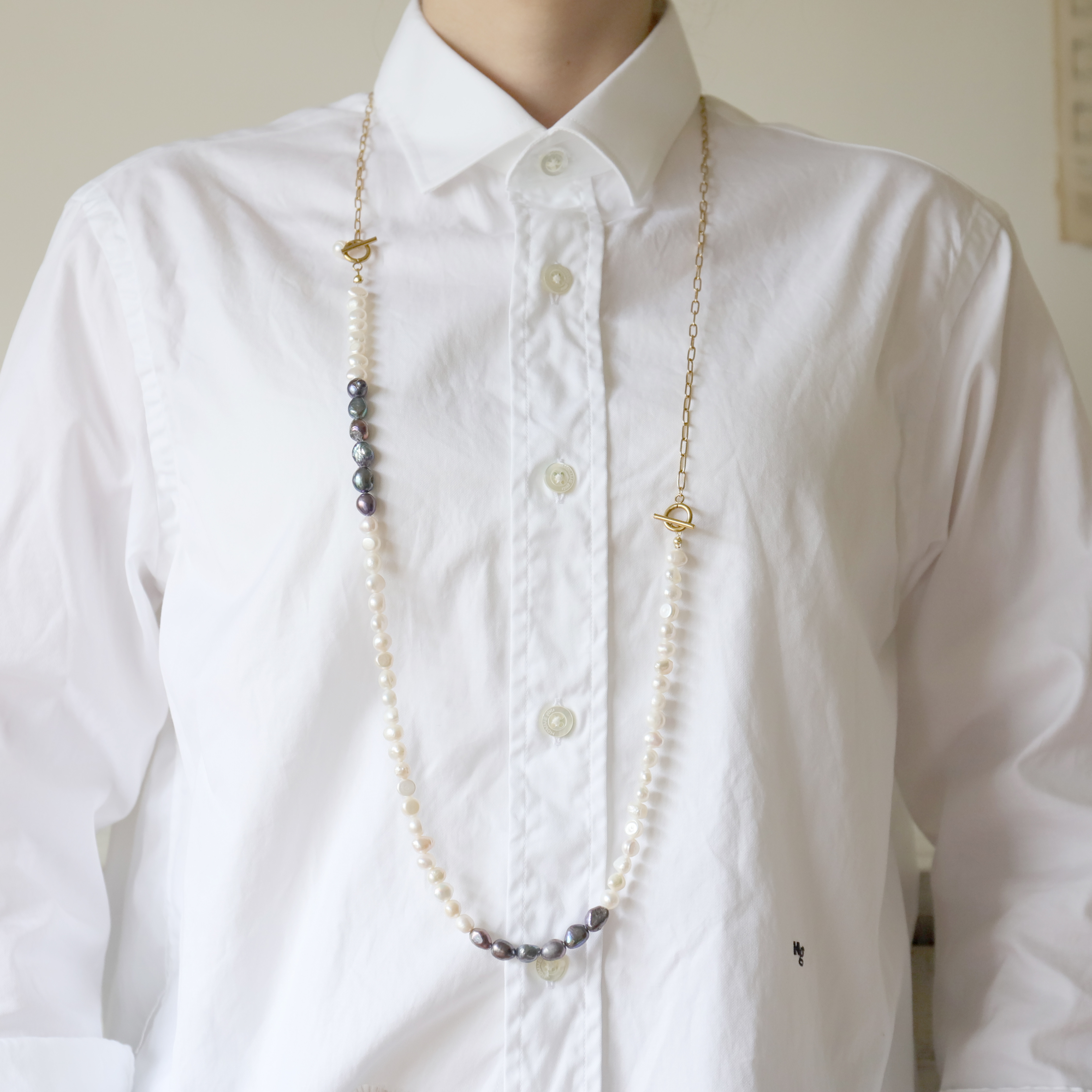 付けっぱなしOK！サージカルステンレス製　淡水パールフルネックレス(3色)+チェーンネックレス２点セット(#1179)