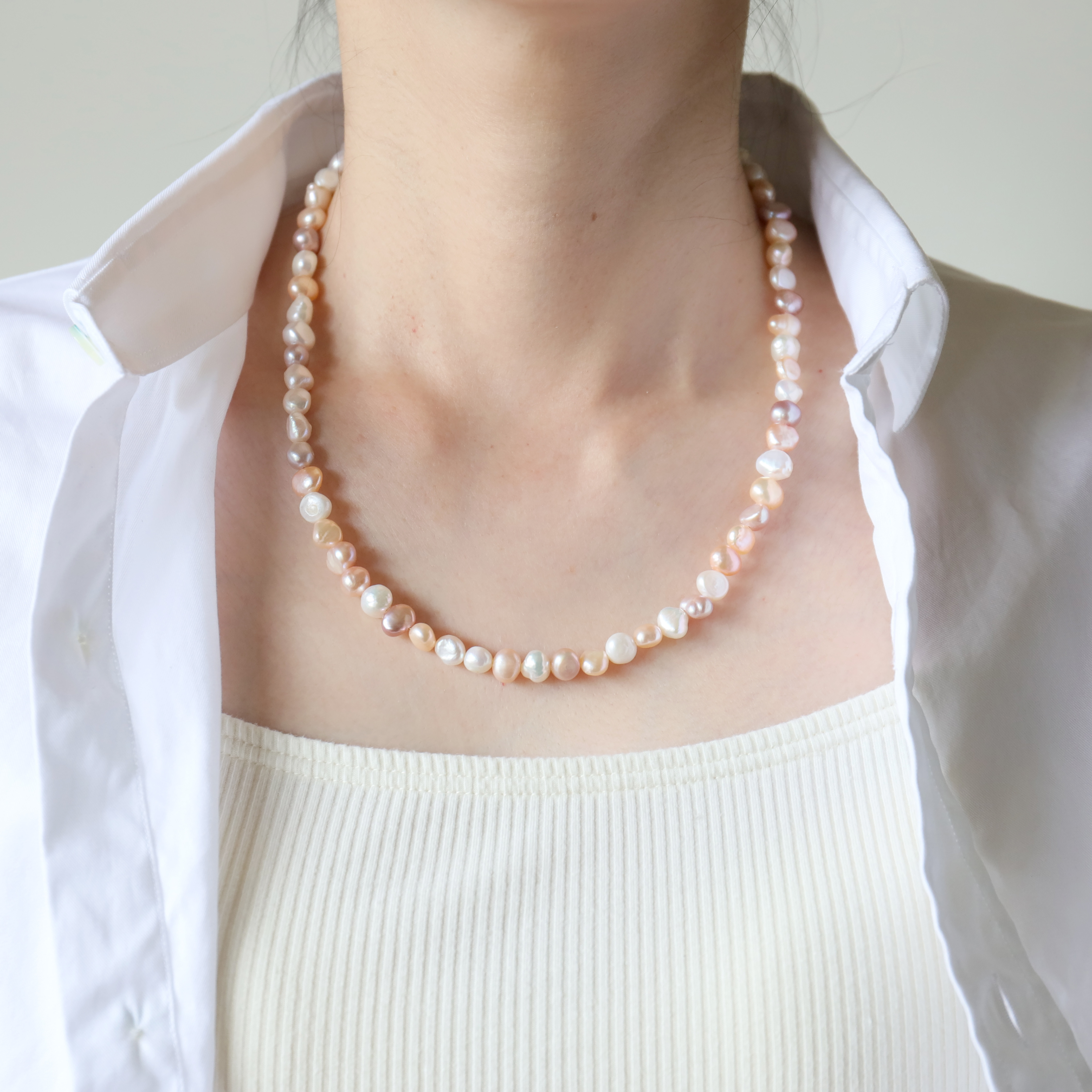 付けっぱなしOK！サージカルステンレス製　淡水パールフルネックレス(3色)+チェーンネックレス２点セット(#1179)