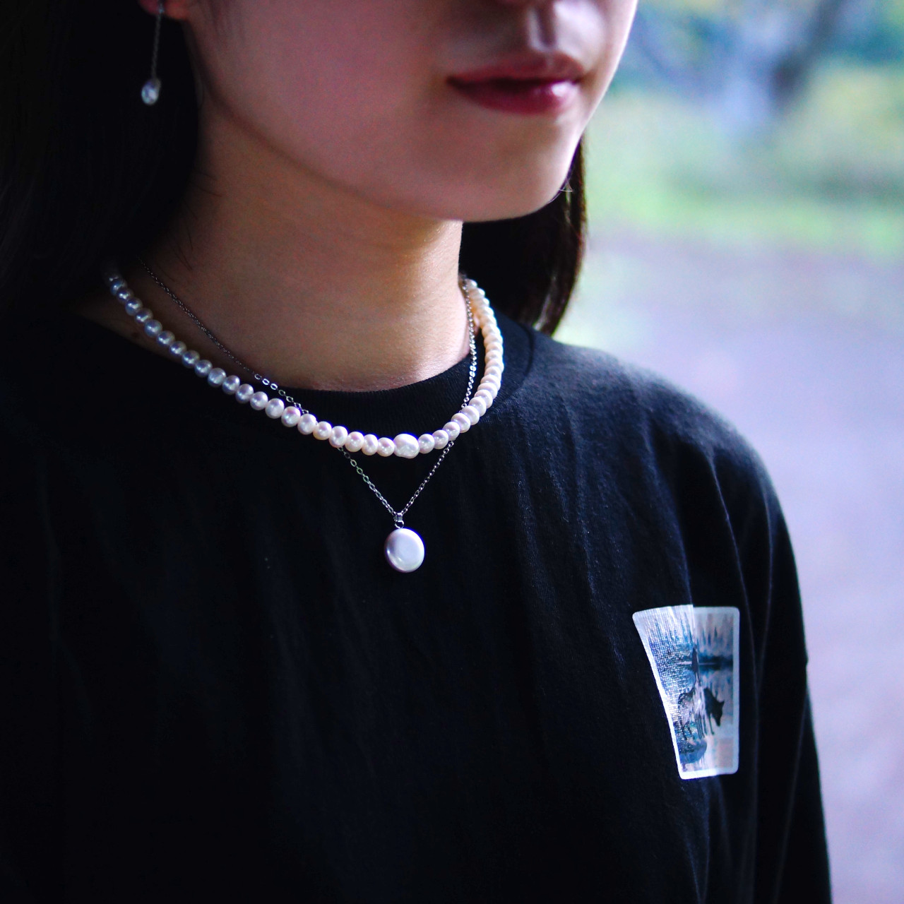 首回りがスッキリな ホワイト系天然色 ポテト型 淡水パール パールネックレス SUS316L 金属アレルギー対応