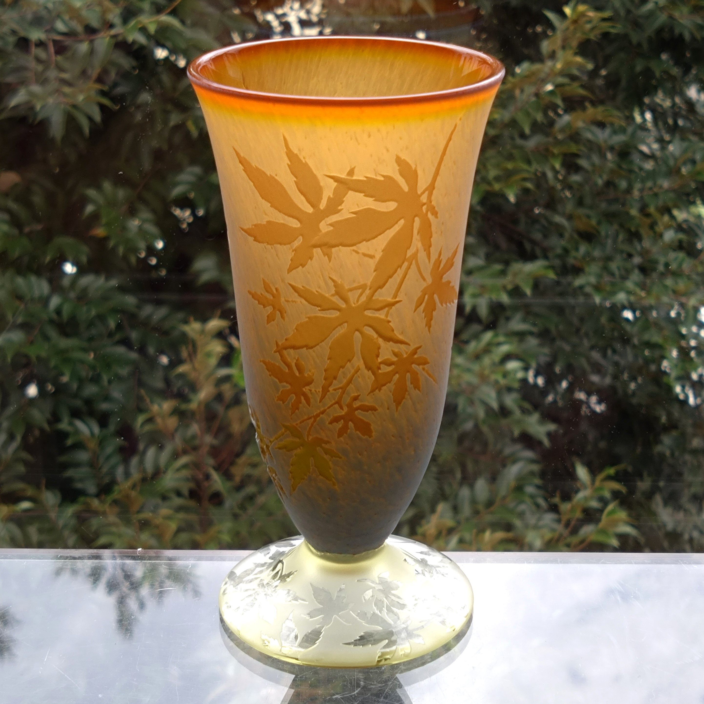 「秋風」食前酒グラス　紅葉　落葉　橙色　薄水色　サンドブラスト