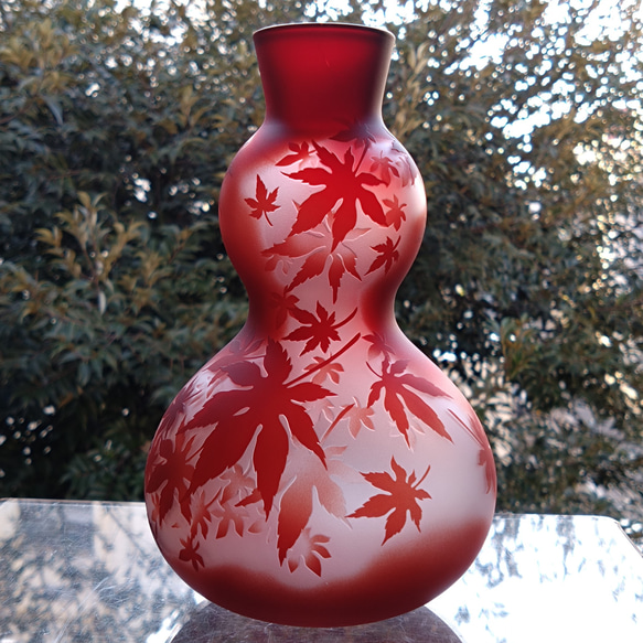 秋風」花器 ひょうたん型 紅葉 赤 サンドブラスト 一輪挿し