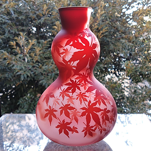 秋風」花器 ひょうたん型 紅葉 赤 サンドブラスト 一輪挿し