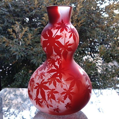 秋風」花器 ひょうたん型 紅葉 赤 サンドブラスト 一輪挿し・花瓶