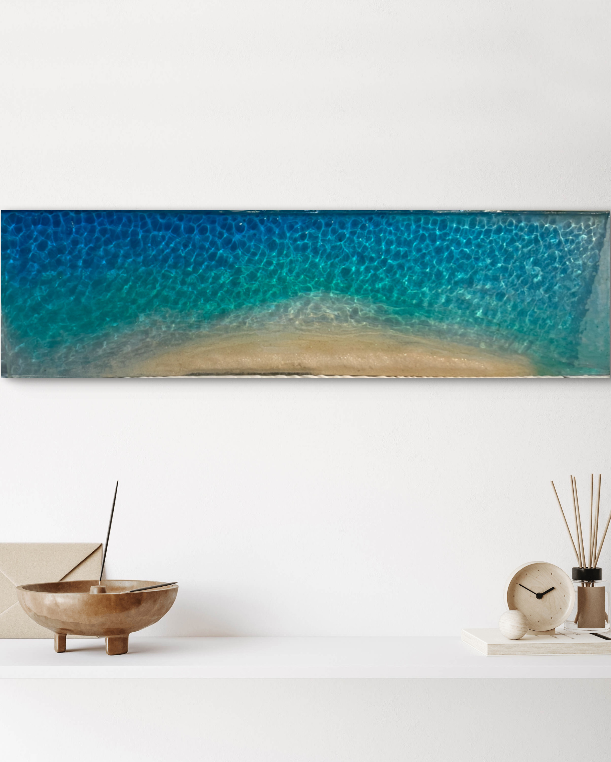 再販　アートパネル　エメラルドブルーの海とプライベートビーチ　壁掛けパネル90×25cm