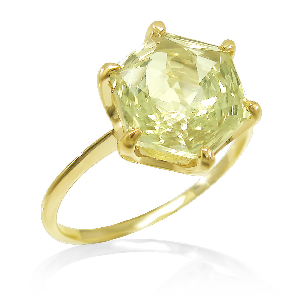 K18 イエローゴールド ６月 誕生石 大粒 天然 レモンクォーツ 六角形 モチーフ 華奢リング 美輪宝石 ミワホウセキ