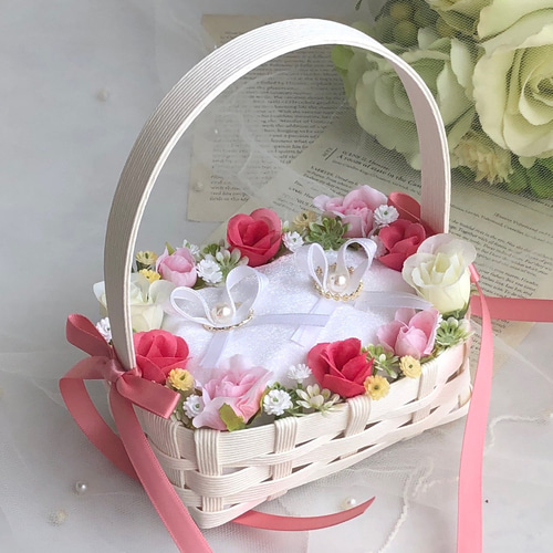 再販♡クラフトかご♡たっぷりピンクローズ♡リングガール♡リング