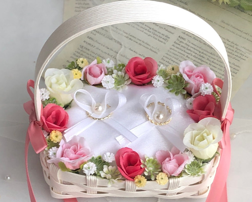 再販♡クラフトかご♡たっぷりピンクローズ♡リングガール♡リング