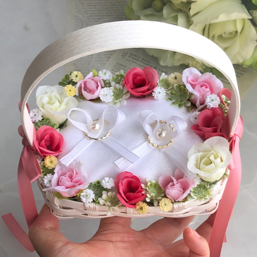 再販♡クラフトかご♡たっぷりピンクローズ♡リングガール♡リング